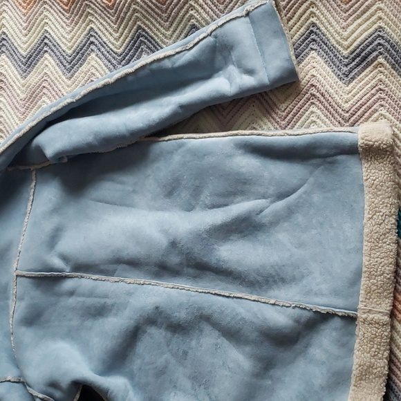 Dusty blue shearling faux leather parka size medium with toggles hooded medium - Picture 9 of 11